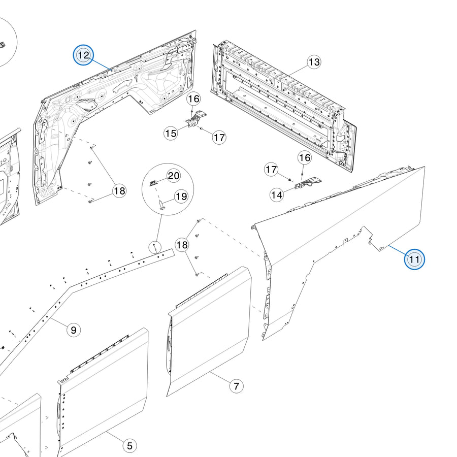 Assembly - Bed Side Outer for Tesla Cybertruck 1928316-90-A, 1928317-90-A - parts diagram