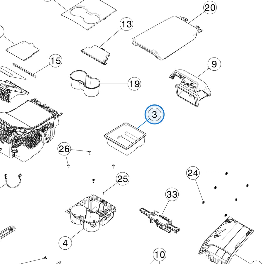 Console, Armrest Tray for Tesla Model 3 2017-2023 1112392-00-D - parts diagram