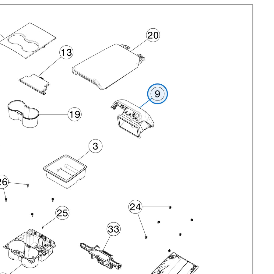 Console, Rear Air Vent Pan Assembly, Prem for Tesla Model 3 and Model Y 1111072-00-C - parts diagram