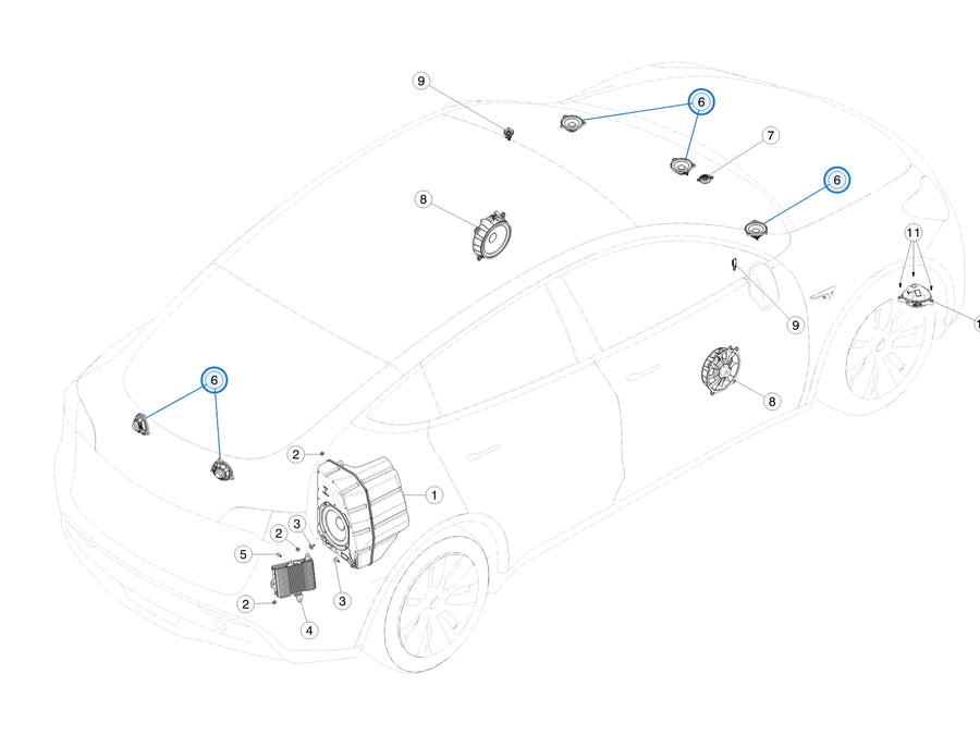 Audio Speaker Full Range 100MM for Tesla Model 3, Model Y, Model S, Model X and Cybertruck 1079742-00-A - parts diagram (Model Y Jan 2020 - Jan 2025)