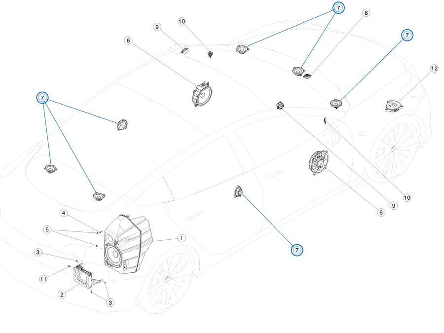 Audio Speaker Full Range 100MM for Tesla Model 3, Model Y, Model S, Model X and Cybertruck 1079742-00-A - parts diagram (Model 3 Jun 2017 - Aug 2023)