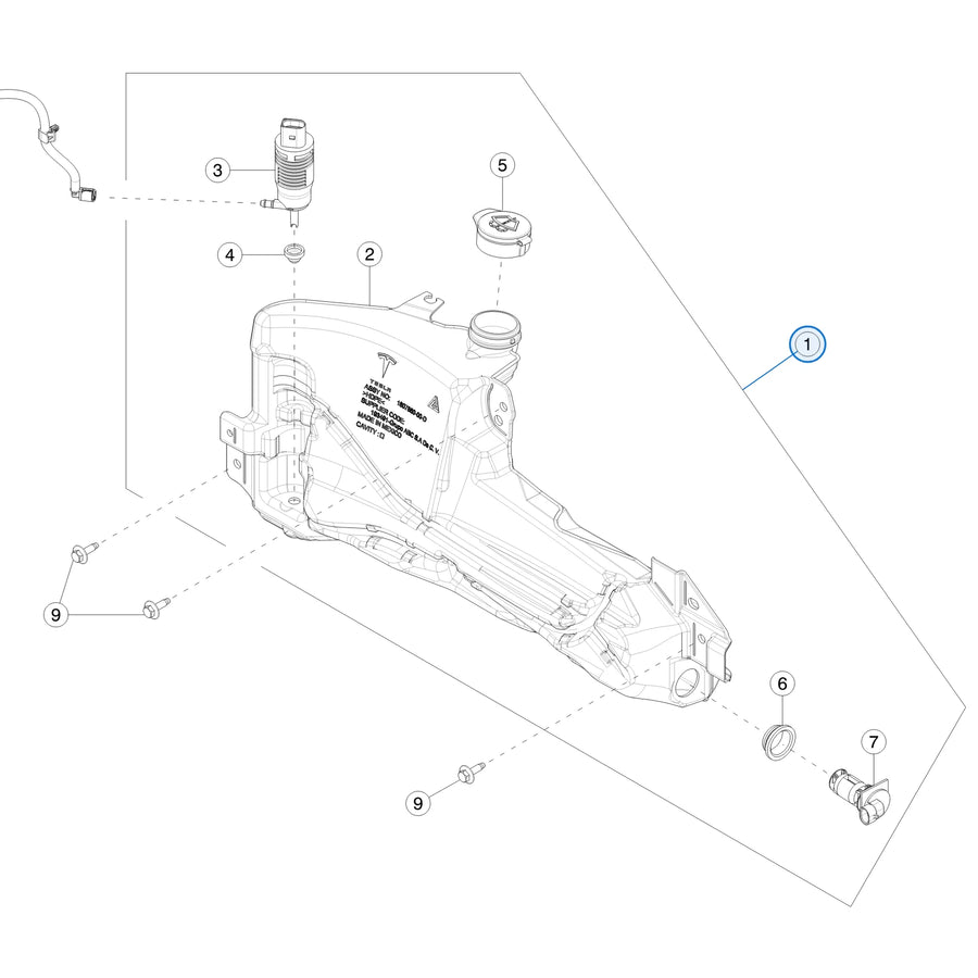 Tesla catalogue diagram: Washer Bottle Asm (1807860-00-E)